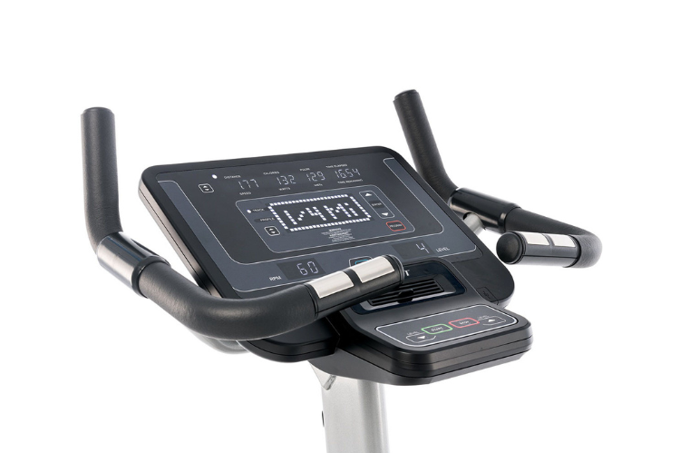Spirit CU800 commercial upright bike with a heavy-duty steel frame and multi-position handlebars for heart rate monitoring.