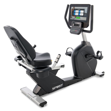 Spirit CR800ENT recumbent exercise bike with a 15.6 inch touchscreen display and comfortable step-through frame design.
