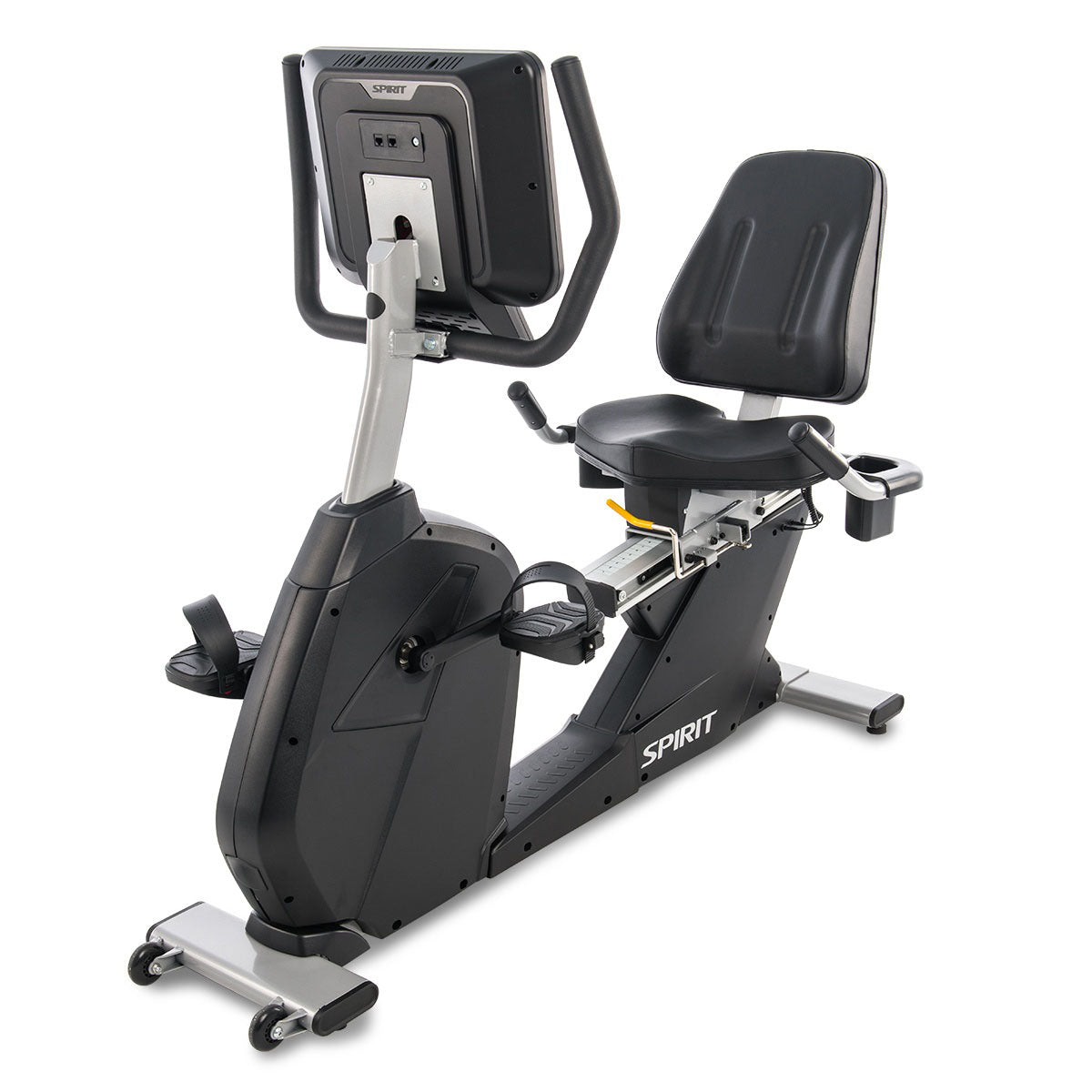 Spirit CR800ENT recumbent exercise bike with a 15.6 inch touchscreen display and comfortable step-through frame design.