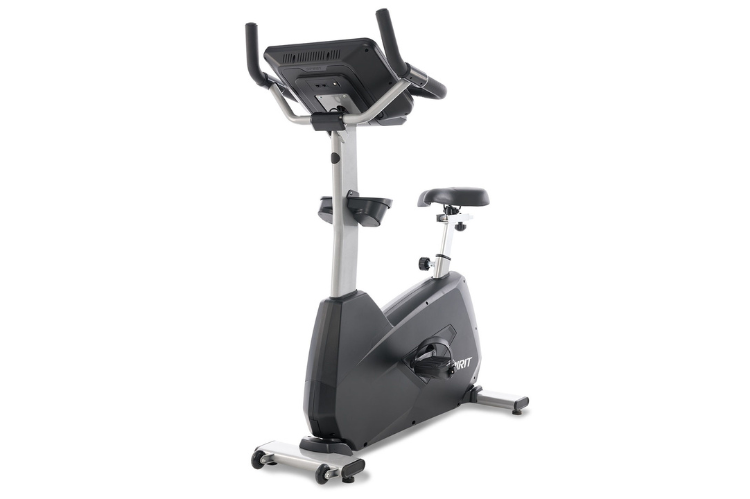Spirit CU800ENT commercial upright bike featuring a 15.6 inch touchscreen entertainment console and heavy-duty frame.