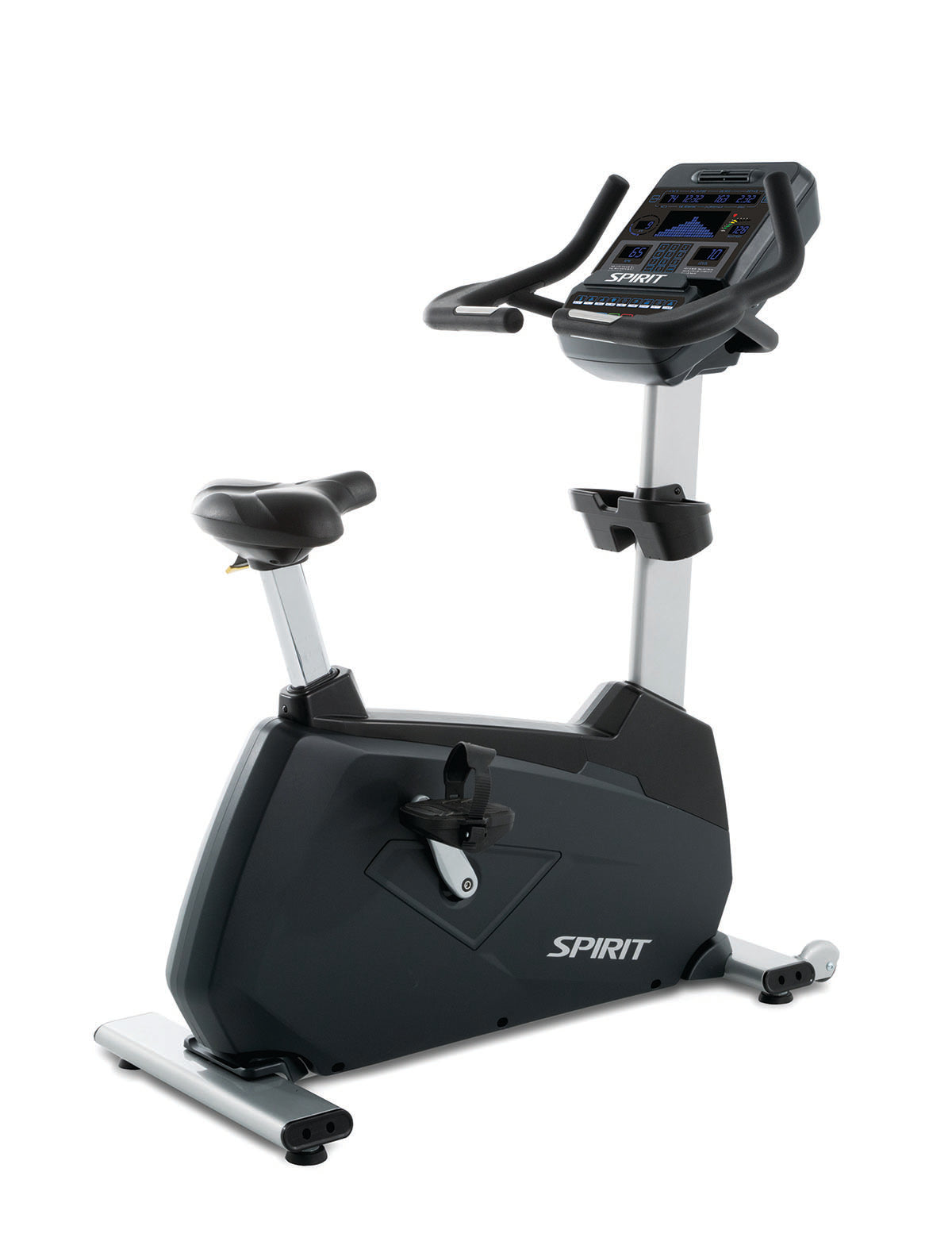 Spirit CU900 commercial upright bike with a heavy-gauge steel frame and integrated generator-powered LED console.