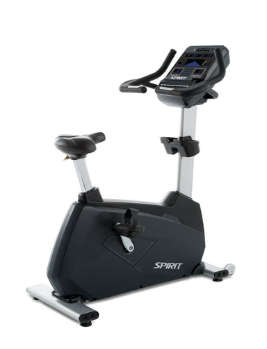 Spirit CU900 commercial upright bike with a heavy-gauge steel frame and integrated generator-powered LED console.