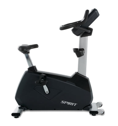Spirit CU900 commercial upright bike with a heavy-gauge steel frame and integrated generator-powered LED console.