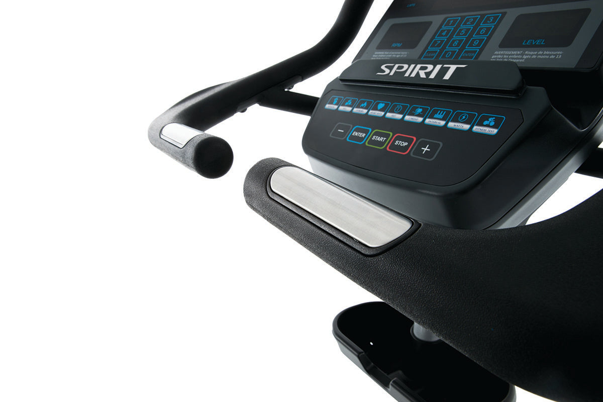 Spirit CU900 commercial upright bike with a heavy-gauge steel frame and integrated generator-powered LED console.