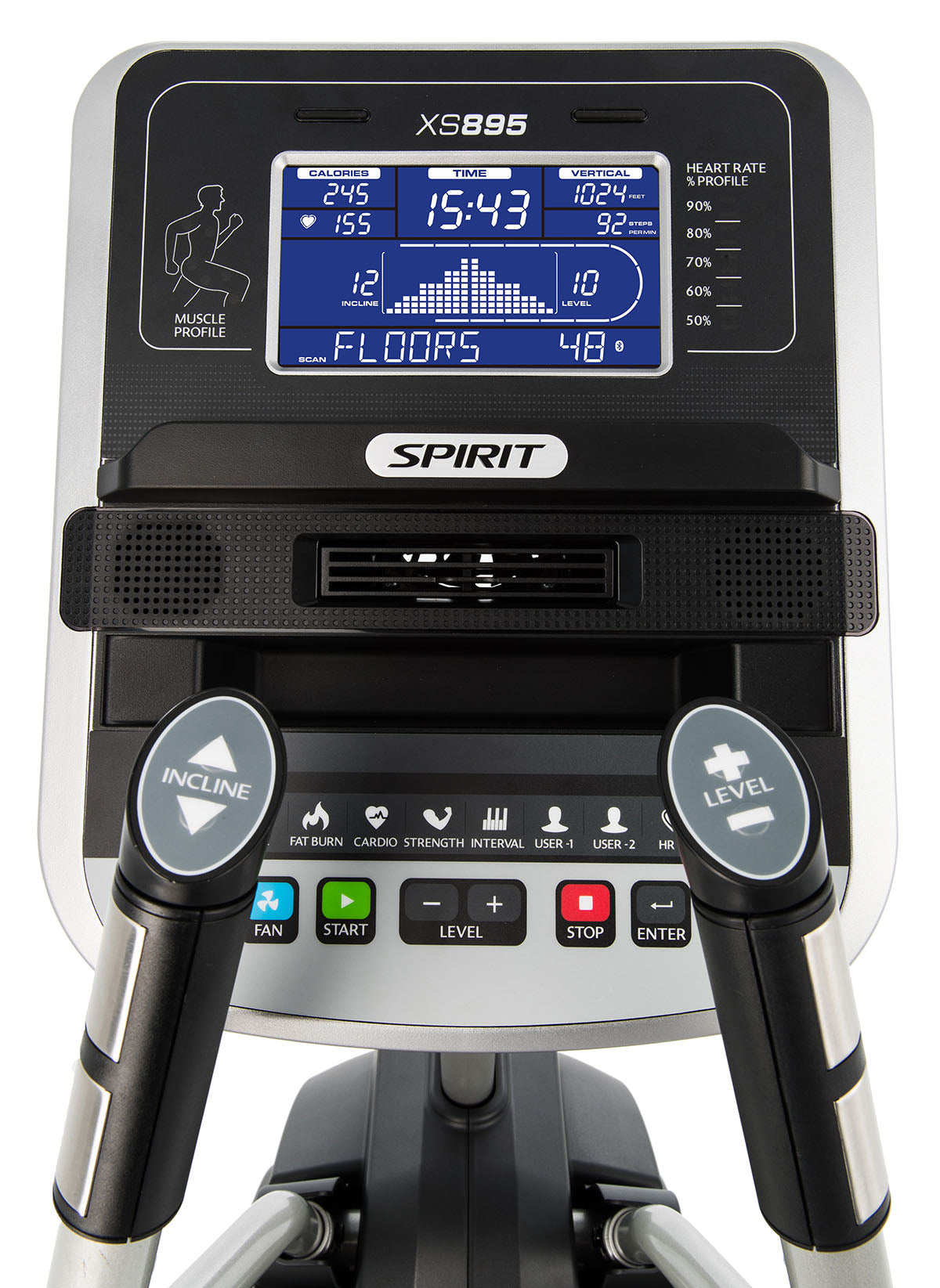 Spirit XS895 is a Spirit HIIT Trainer incline stepper with adjustable incline and cushioned pedals for powerful lower-body workouts.
