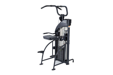 A SportsArt DF-307/P711 is a dual-function chin up dip machine designed for assisted chin-ups and dips with adjustable pads and rotating handles.