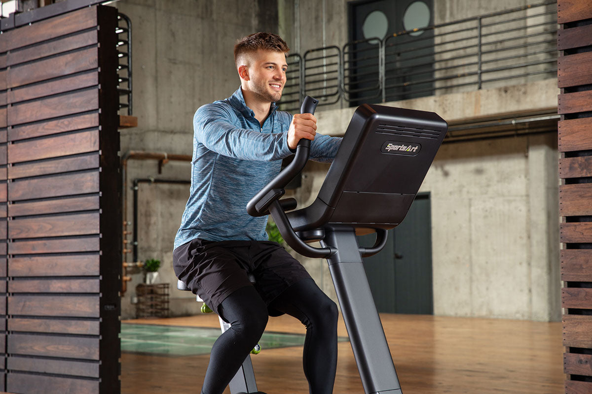The SportsArt G574U Elite Eco-Powr upright stationary bike enhances endurance, strengthens the heart, and supports calorie burn.