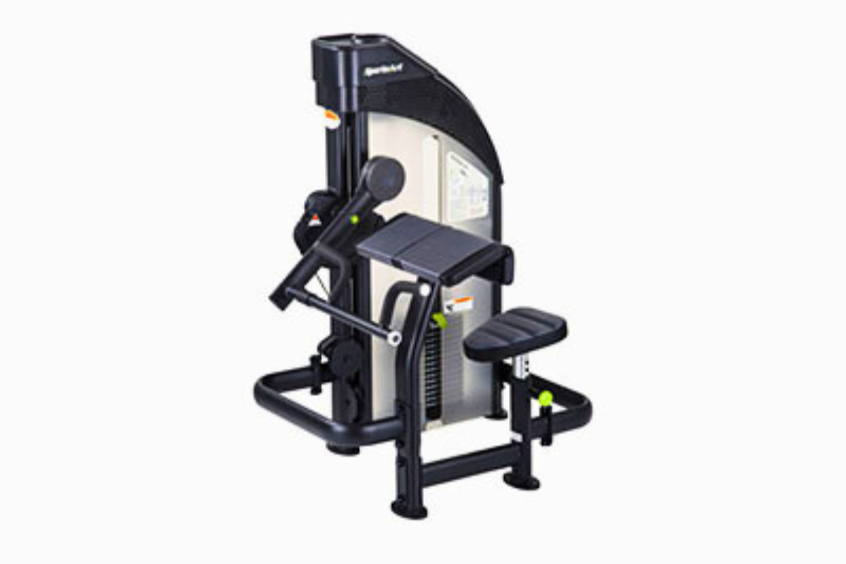 SportsArt P812 is a seated bicep curl machine with ergonomic seat and smooth cable system for controlled, targeted bicep training.