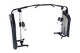 Cable crossover machine with adjustable pulleys and dual weight stacks for full-body strength training.
