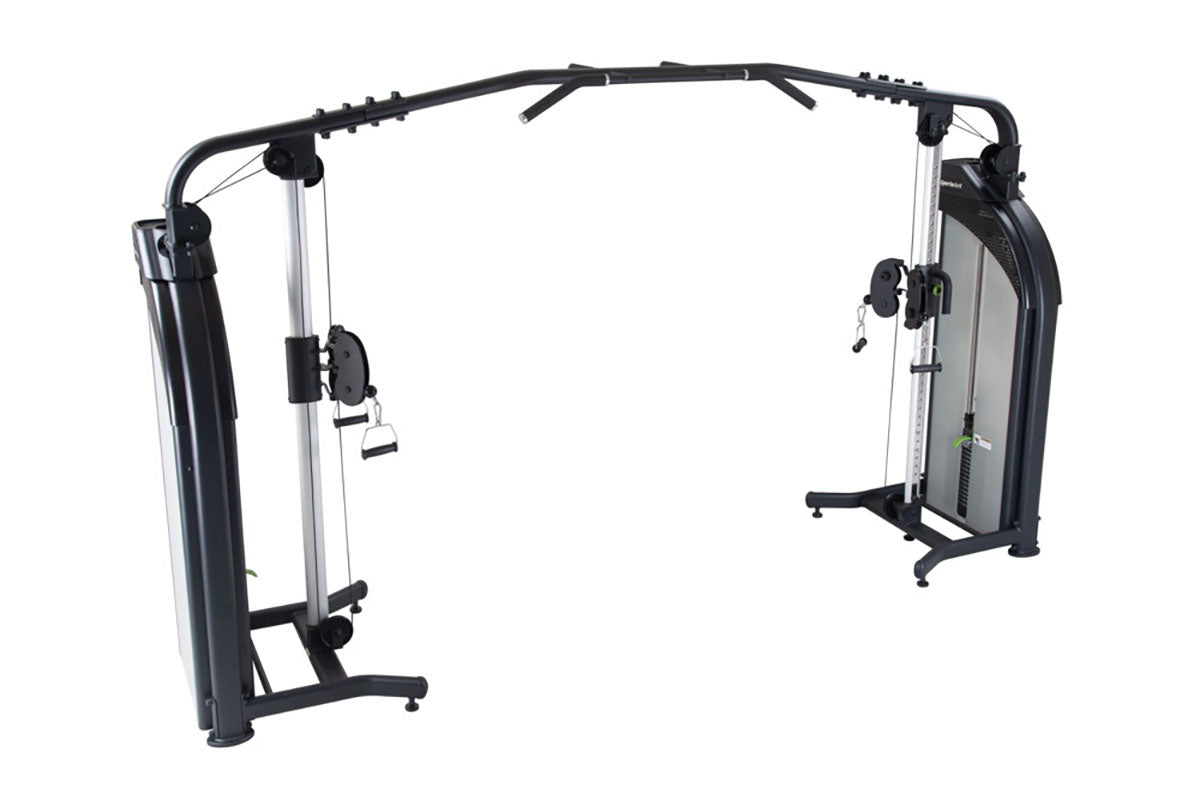 Cable crossover machine with adjustable pulleys and dual weight stacks for full-body strength training.