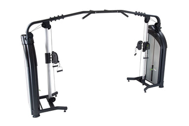 Cable crossover machine with adjustable pulleys and dual weight stacks for full-body strength training.