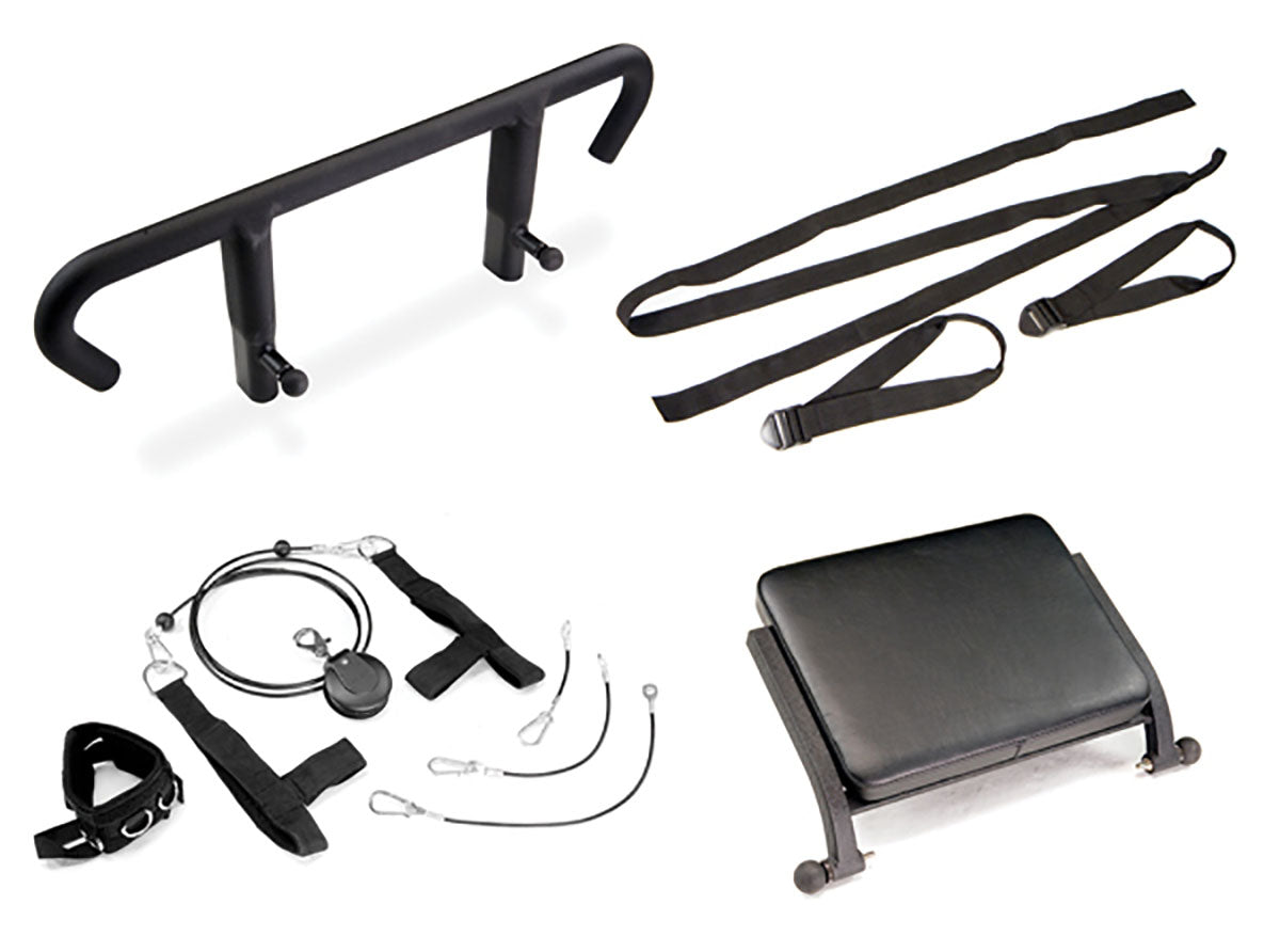 Total Gym Pilates is a Complete Pilates equipment set designed for the Total Gym ELEVATE Encompass, featuring four core-enhancing accessories.